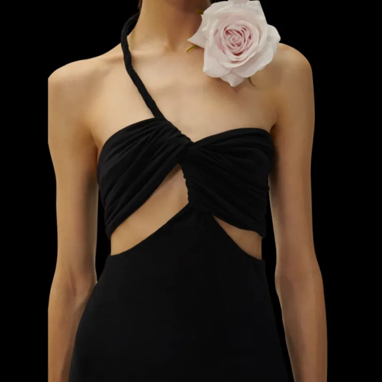 Robe midi découpée bustier noir col fleur tour de cou