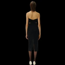 Robe midi découpée bustier noir col fleur tour de cou