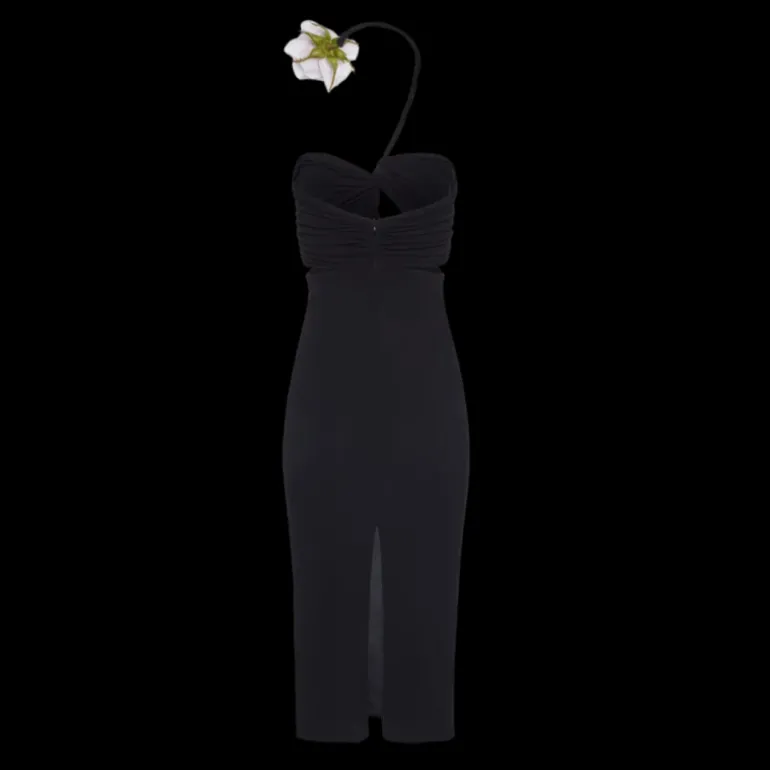 Robe midi découpée bustier noir col fleur tour de cou