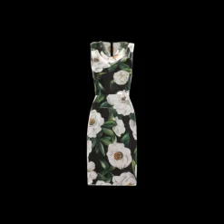 Robe midi DOLCE & GABBANA mousseline de soie noir imprimé gardénia blanc