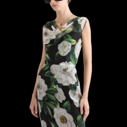 Robe midi DOLCE & GABBANA mousseline de soie noir imprimé gardénia blanc
