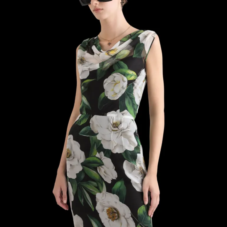Robe midi DOLCE & GABBANA mousseline de soie noir imprimé gardénia blanc