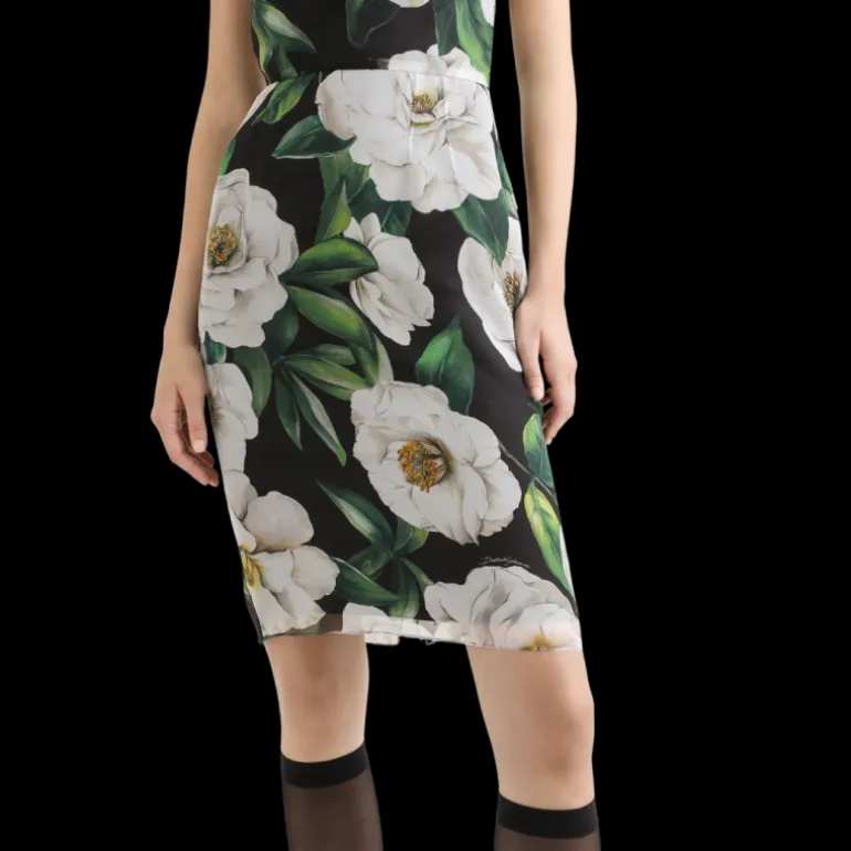 Robe midi DOLCE & GABBANA mousseline de soie noir imprimé gardénia blanc