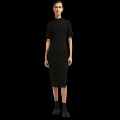 Robe mi-longue MONCLER fendue col rond manche courte viscose noir