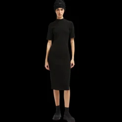 Robe mi-longue MONCLER fendue col rond manche courte viscose noir