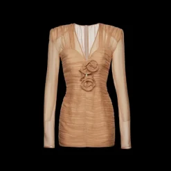 Robe mini MAGDA BUTRYM soie voile fronce beige fleurs