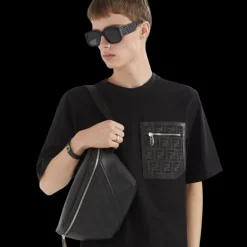 Sac banane cuir Fendi Shadow noir motif FF texture rayée