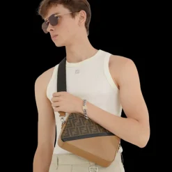 Sac bandoulière FENDI compact cuir beige tissu motif FF diagonal