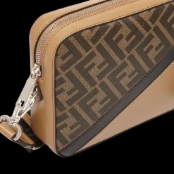 Sac bandoulière FENDI compact cuir beige tissu motif FF diagonal