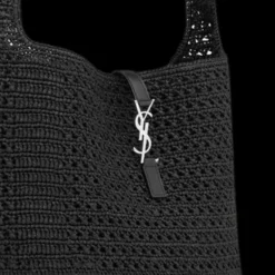 Sac cabas SAINT LAURENT East/West 5 à 7 raphia noir fermoir Cassandre