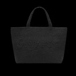 Sac Cabas SAINT LAURENT panier raphia noir broderie signature