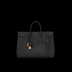 Sac de jour SAINT LAURENT Thin Cabas cuir veau grainé noir détail doré