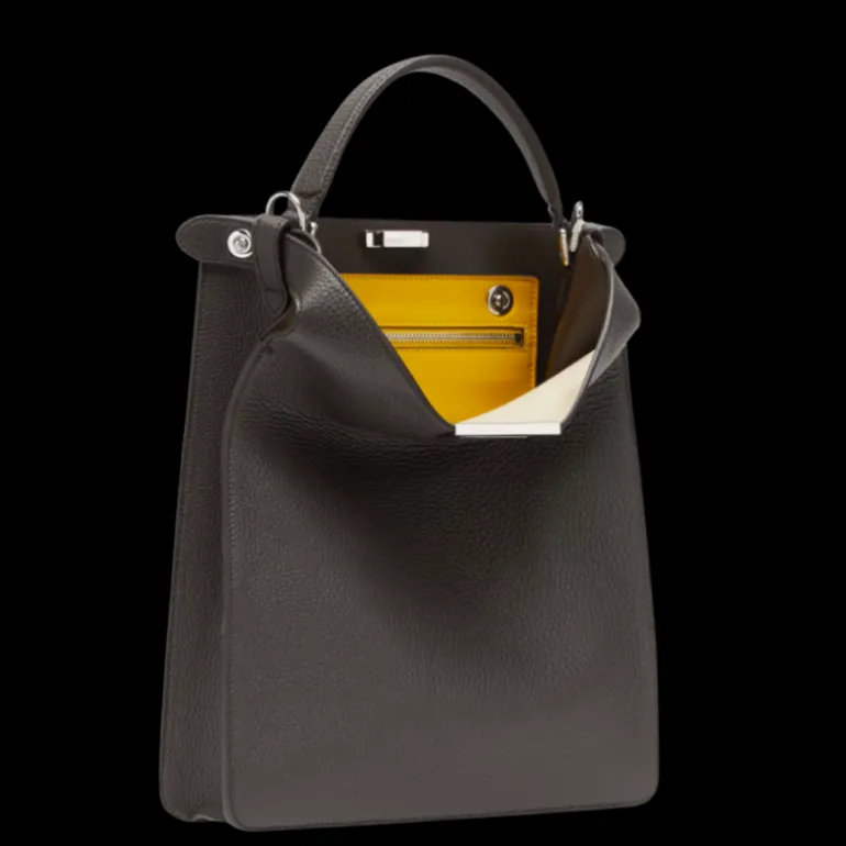 Sac FENDI Peekaboo X-Lite Petit cuir grainé marron foncé