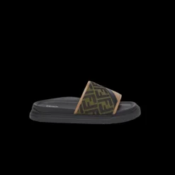 Sandales claquettes FENDI jacquard FF marron cuir beige
