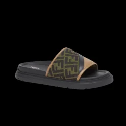 Sandales claquettes FENDI jacquard FF marron cuir beige