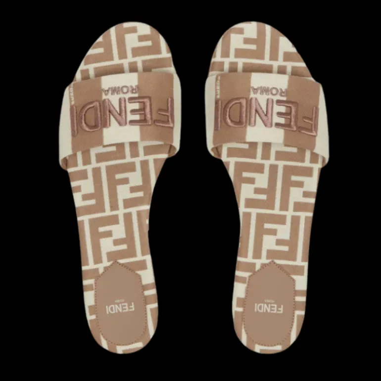 Sandales FENDI mules large bride tissu rayures Pequin beige FF