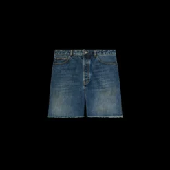 Short à franges PALM ANGELS coton jean bleu logo incurvé gravé laser dos