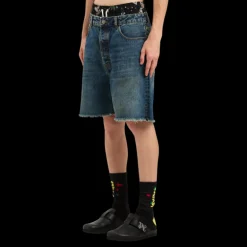 Short à franges PALM ANGELS coton jean bleu logo incurvé gravé laser dos