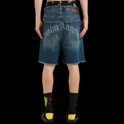 Short à franges PALM ANGELS coton jean bleu logo incurvé gravé laser dos