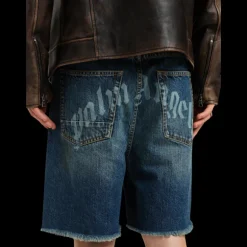 Short à franges PALM ANGELS coton jean bleu logo incurvé gravé laser dos