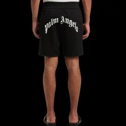 Short de sport PALM ANGELS nylon noir logo incurvé blanc