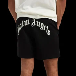 Short de sport PALM ANGELS nylon noir logo incurvé blanc