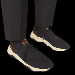 Sneaker basse Basket BERLUTI Shadow maille bleu marine cuir veau marron