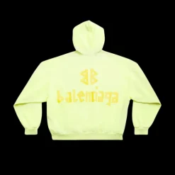 Sweat à capuche BALENCIAGA Tape Type Ripped Pocket Large Fit polaire bouclée jaune fluo