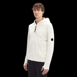 Sweat zippé CP COMPANY molleton relief diagonal polaire blanc lentille