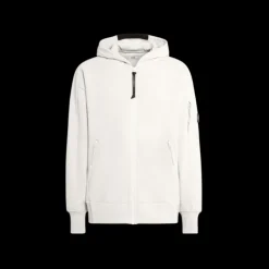 Sweat zippé CP COMPANY molleton relief diagonal polaire blanc lentille