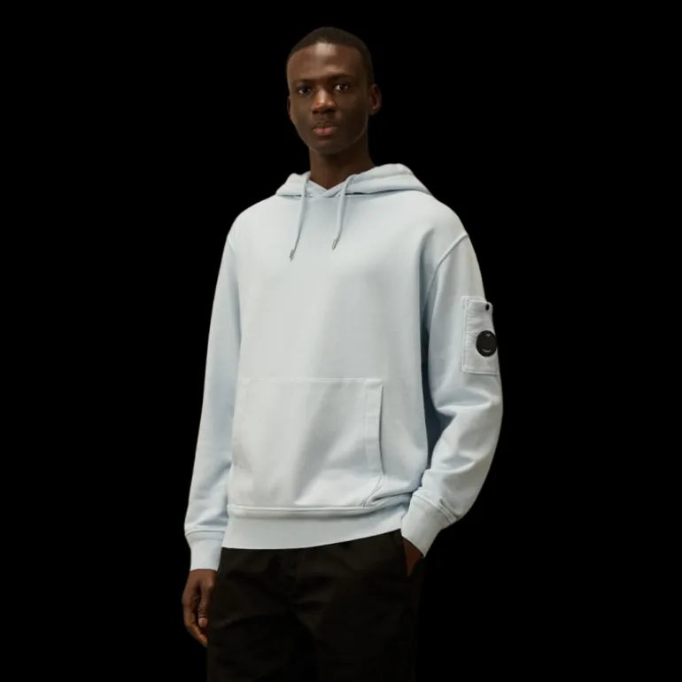 Sweat-shirt à capuche CP COMPANY coton brossé diagonal bleu ciel poche lentille
