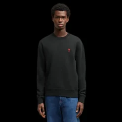 Sweatshirt AMI col rond  molleton coton bio non gratté noir logo cœur rouge