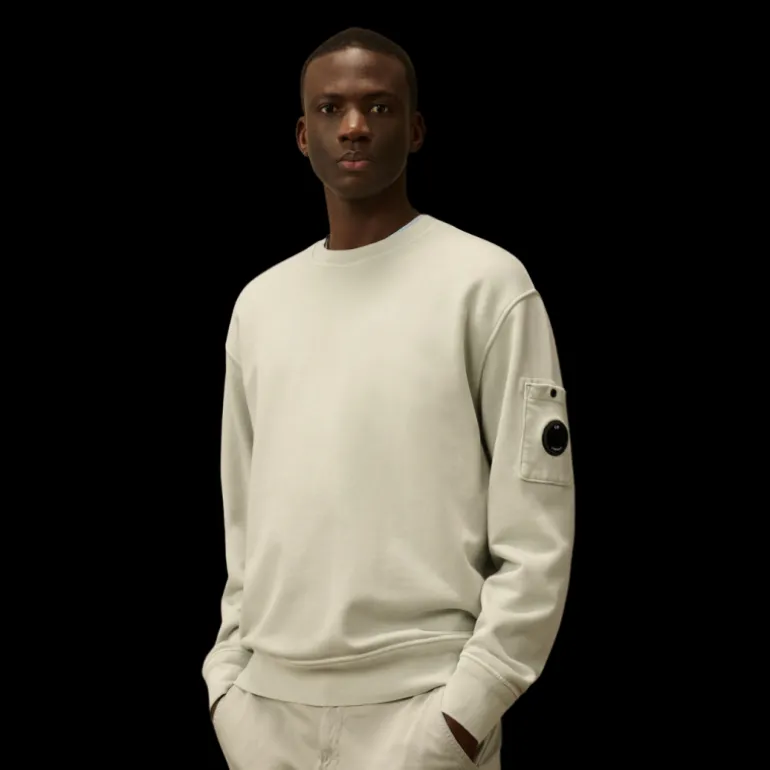 Sweat-shirt CP COMPANY col rond coton brossé diagonal gris poche lentille