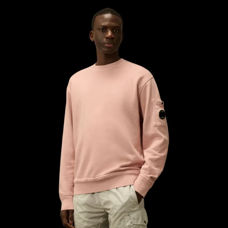 Sweat-shirt CP COMPANY col rond coton brossé diagonal rose poche lentille