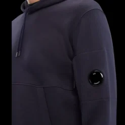 Sweat-shirt CP COMPANY coton polaire bleu marine capuche logo