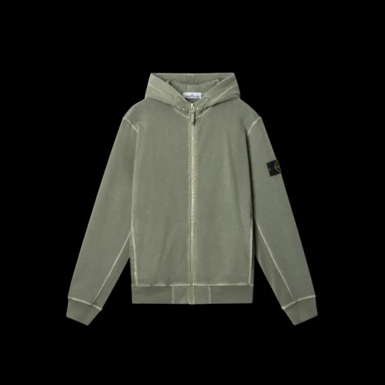 Sweat-shirt zippé capuche STONE ISLAND molleton coton flammé kaki