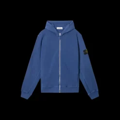 Sweat-shirt zippé capuche STONE ISLAND molleton coton flammé bleu mer