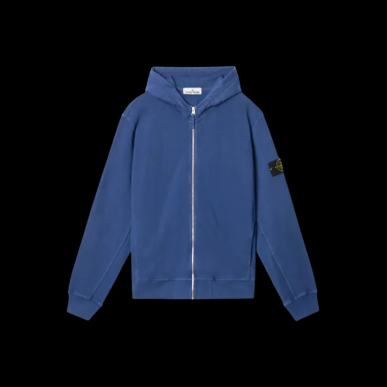 Sweat-shirt zippé capuche STONE ISLAND molleton coton flammé bleu mer