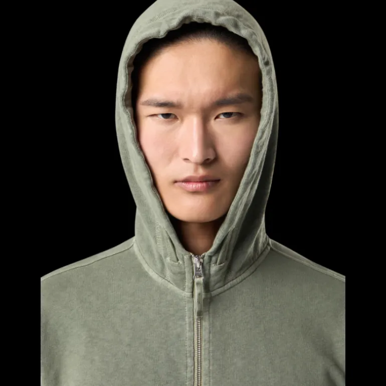 Sweat-shirt zippé capuche STONE ISLAND molleton coton flammé kaki