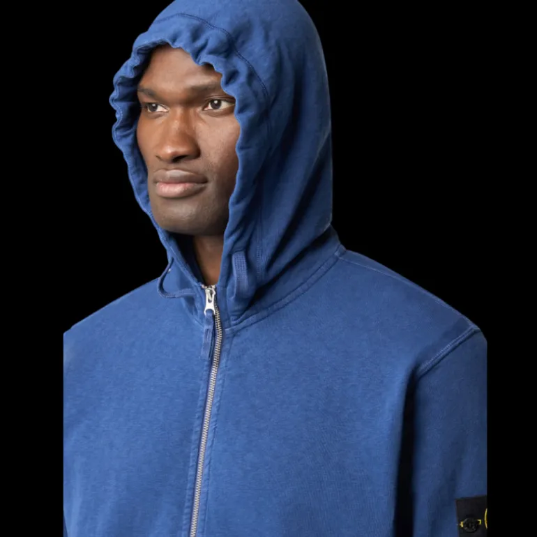 Sweat-shirt zippé capuche STONE ISLAND molleton coton flammé bleu mer