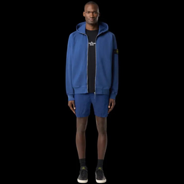Sweat-shirt zippé capuche STONE ISLAND molleton coton flammé bleu mer