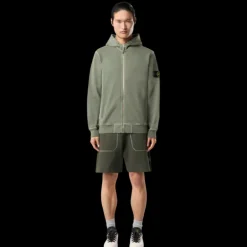 Sweat-shirt zippé capuche STONE ISLAND molleton coton flammé kaki
