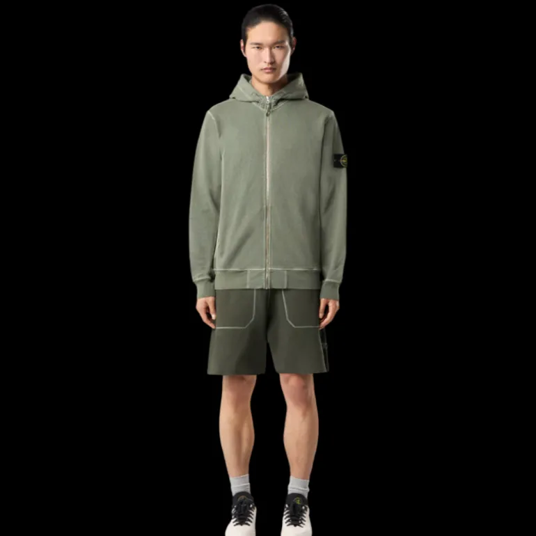 Sweat-shirt zippé capuche STONE ISLAND molleton coton flammé kaki