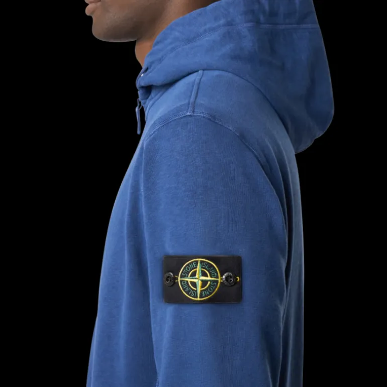 Sweat-shirt zippé capuche STONE ISLAND molleton coton flammé bleu mer