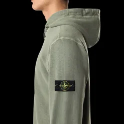 Sweat-shirt zippé capuche STONE ISLAND molleton coton flammé kaki
