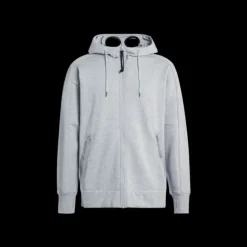Sweat-shirt zippé CP COMPANY coton gris chiné lunettes capuche