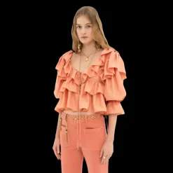 Top blouse à volants CHLOE court fluide popeline de soie corail