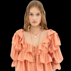 Top blouse à volants CHLOE court fluide popeline de soie corail