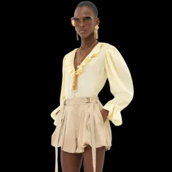 Top Blouse fluide CHLOE col V volants soie habotai jaune