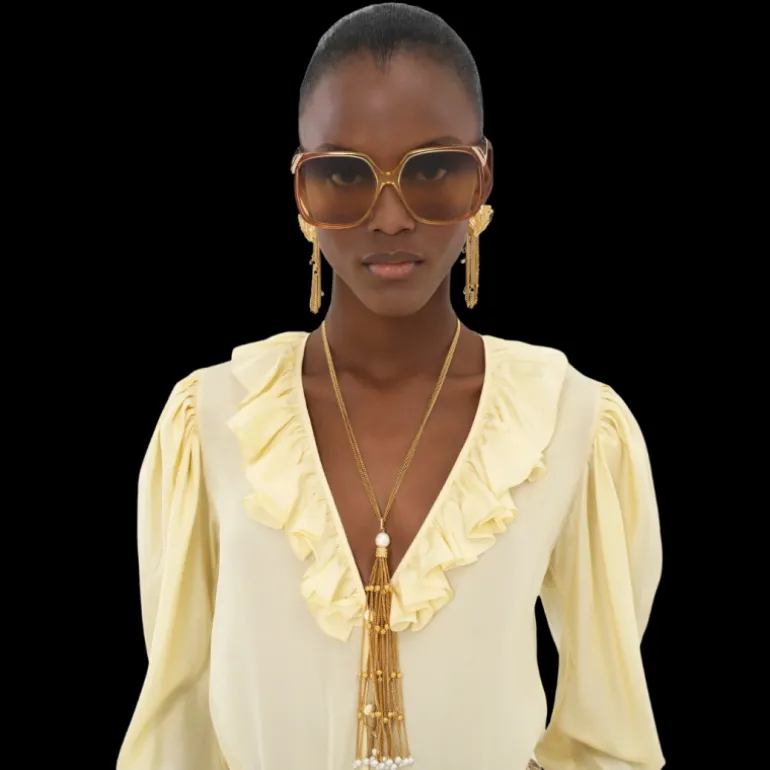 Top Blouse fluide CHLOE col V volants soie habotai jaune